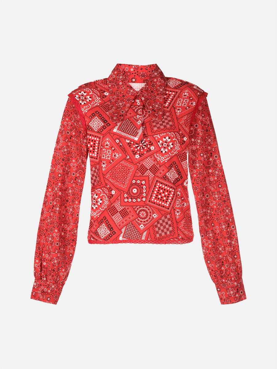 ERL Printed Knit Combo Blouse - Red BLUZ