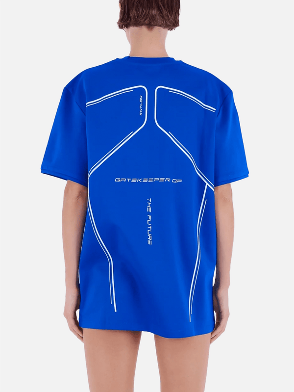 KNTLGY, Blue Linear Printed Oversize T-Shirt, T-SHIRT, shopi go'da!