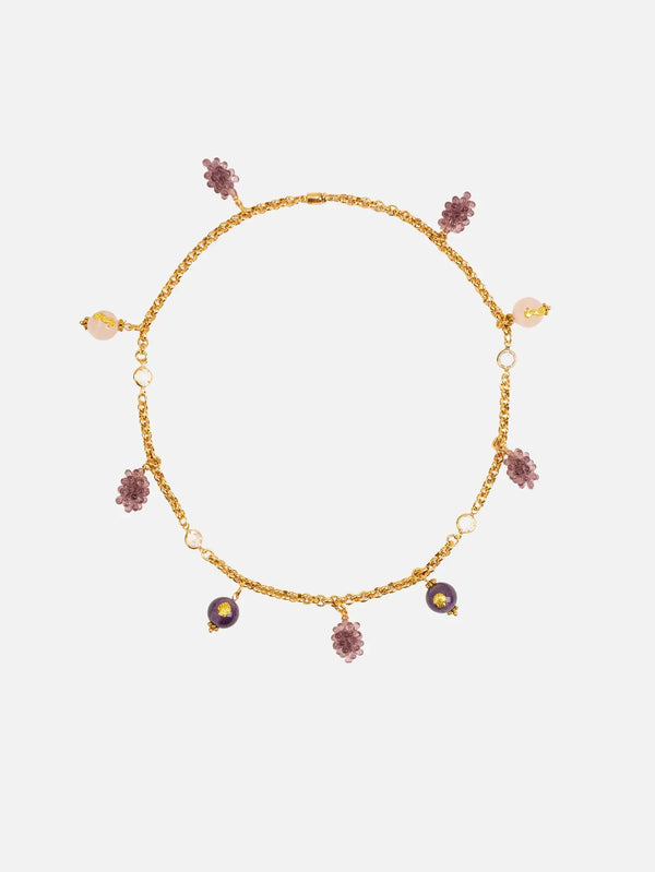 NES VINTAGE Vintage Gold Crystal Chain Necklace with Amethyst, Quartz & Resin Grape Charms - 1980s – altın, yandan görünüm