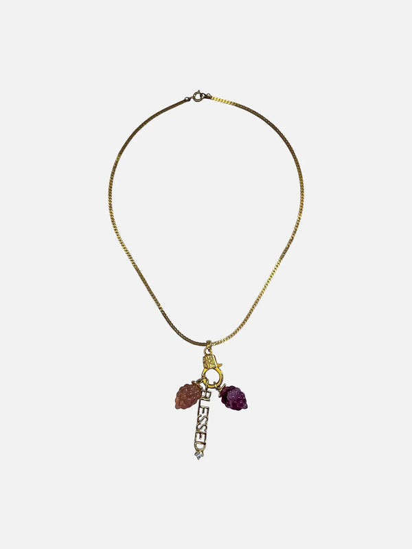 NES VINTAGE Vintage Gold Snake Chain Necklace - Blessed & Grape Charms 1980s – altın, önden görünüm