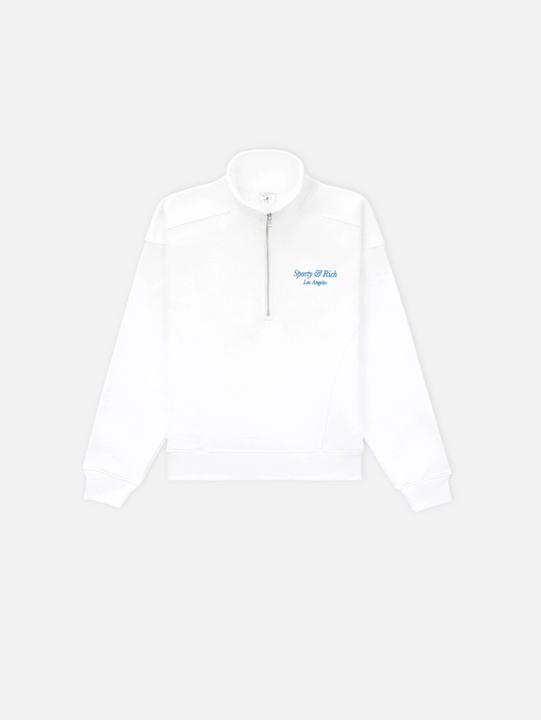 SPORTY & RICH, Italic Logo Embroidered Quarter Zip - White, SWEATSHIRT, shopi go'da!