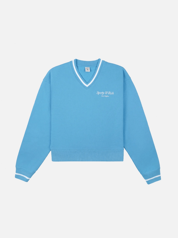 SPORTY & RICH, Italic Logo Embroidered V-Neck Sweater - Malibu, KAZAK, shopi go'da!