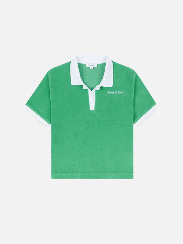 SPORTY & RICH, Italic Logo Terry Polo - Verde/White, T-SHIRT, shopi go'da!