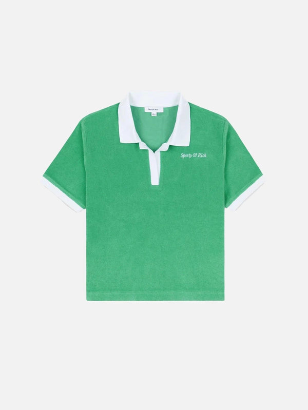 SPORTY & RICH - T-SHIRT - Italic Logo Terry Polo - Verde/White - shopi go'da!.