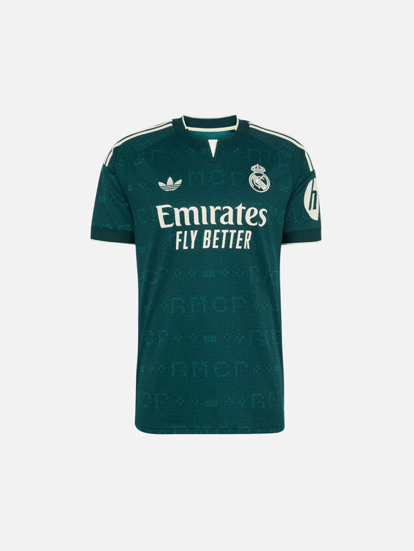 ADIDAS ORIGINALS Real Madrid 26/27 Away Jersey – Aurora Ivy, ön görünüm, arması ve Emirates Fly Better yazısı