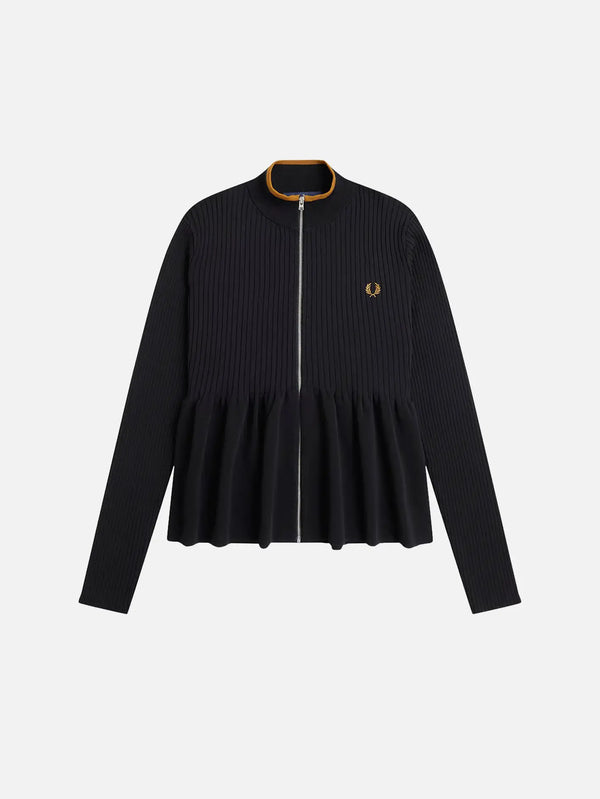 shopi go Fred Perry Zip-Through Peplum Cardigan – siyah, ön görünüm; fermuarlı, ribli kumaş, altın laurel logosu
