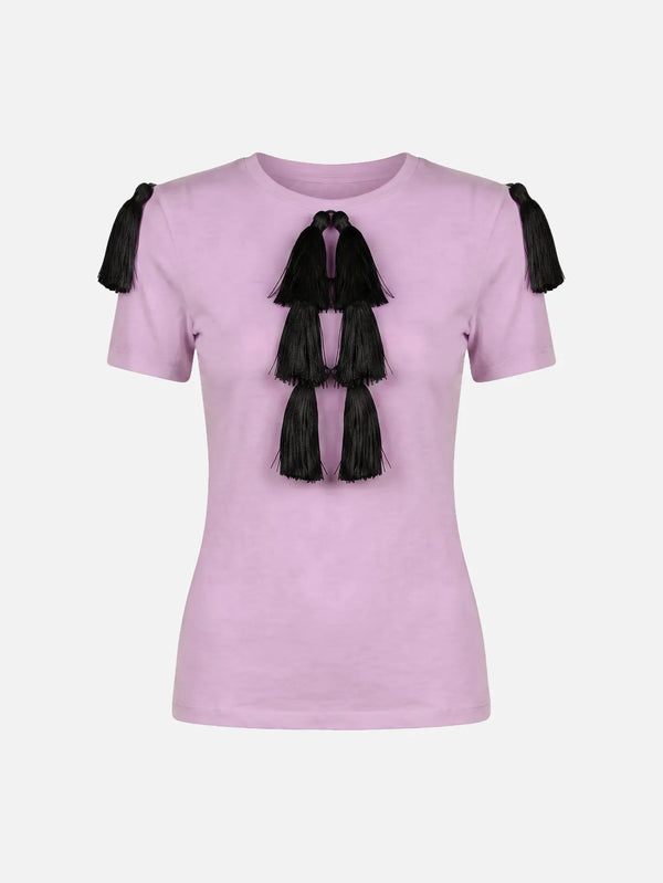 CULT FORM Napoleon Short Sleeve Top - Lilac – Lilac, önden görünüm, siyah püsküllü dekoratif detaylar