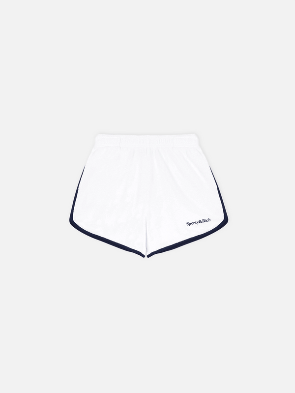 SPORTY & RICH, Serif Logo Terry Shorts - White/Navy, ŞORT, shopi go'da!