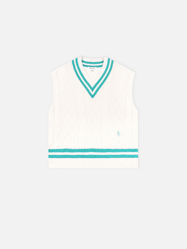 SPORTY & RICH, SRC Cableknit Vest - Off White/Caribbean, SÜVETER, shopi go'da!