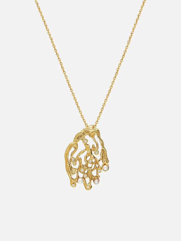 RAFAEL INDIANA The Choral Treasure Necklace – altın, ön görünümde açık işçilikli inci taşlı kolye