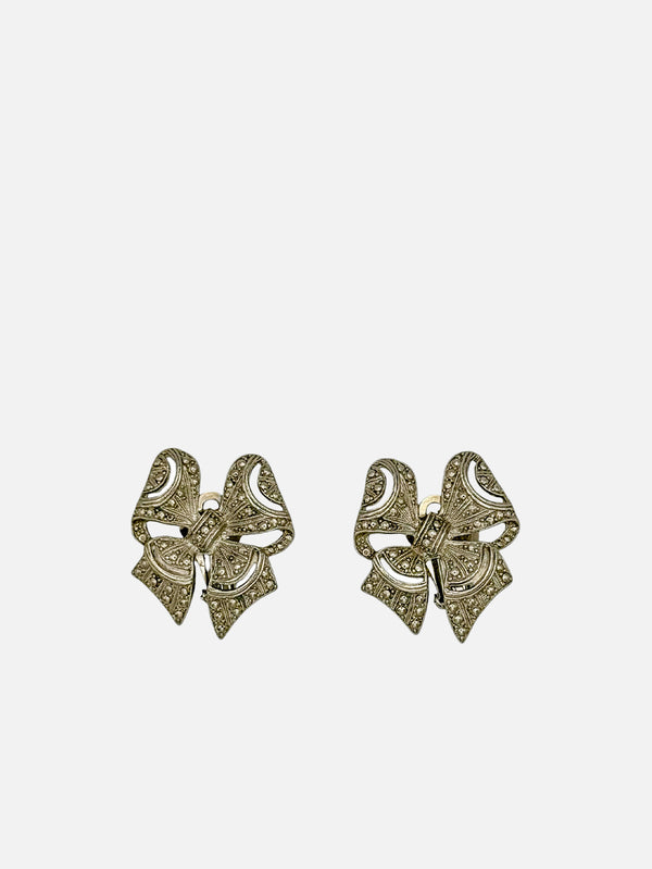 NES VINTAGE, Vintage Art-Deco Style Bow-Shaped Earrings with Marcasite Paste Stones, KÜPE, shopi go'da!