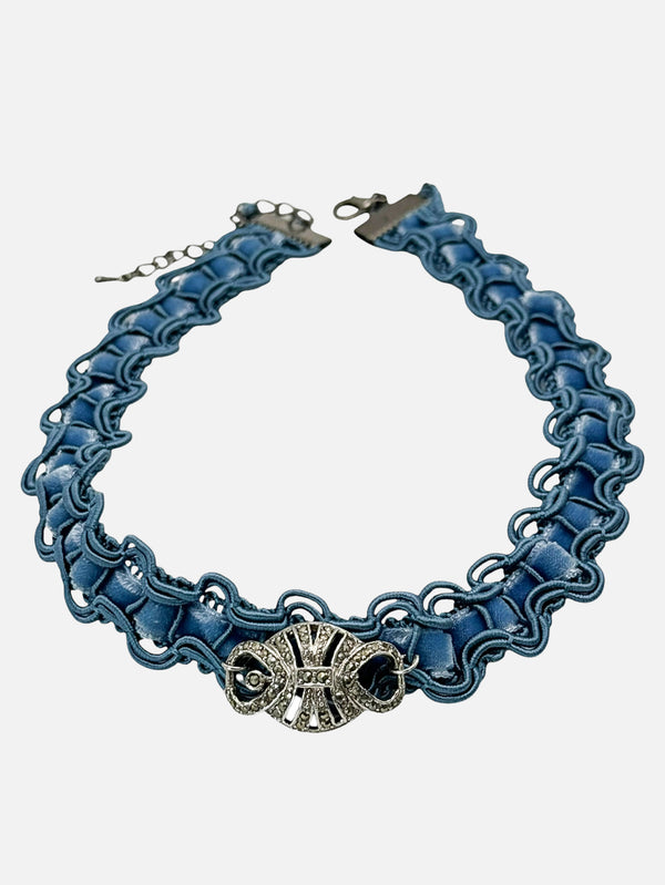 NES VINTAGE, French Blue Velvet Choker With Vintage Marchasite Charm, KOLYE, shopi go'da!