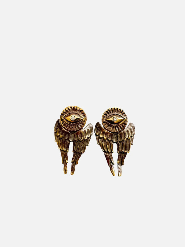NES VINTAGE Vintage Style Brass Winged Eye Earrings with Crystal Pupil – brass, iki adet ön görünüm