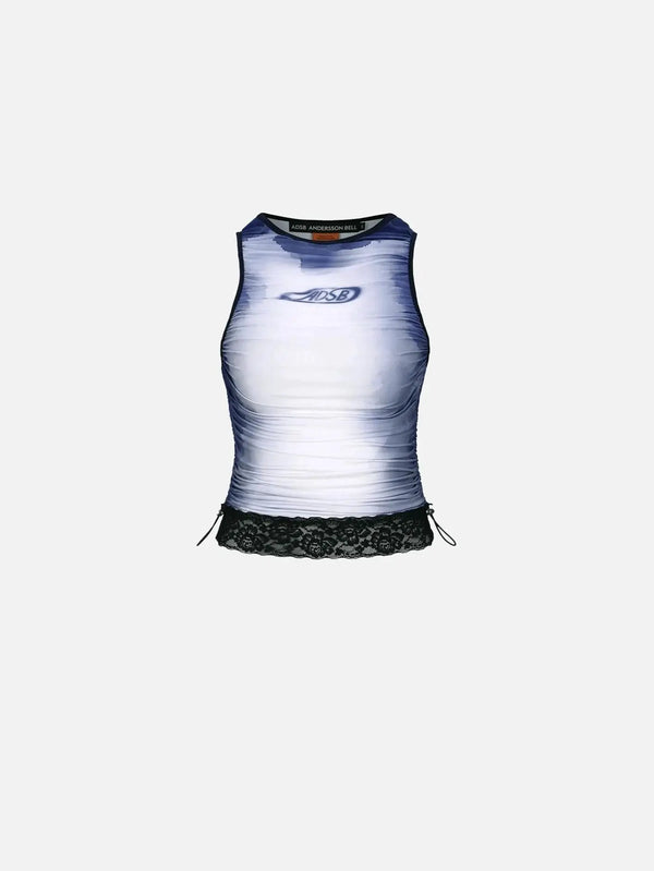 ANDERSSON BELL Lisa Watercolour Sprayed Logo Shirring Top - Navy - Athletics ATLET