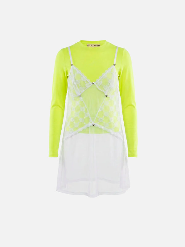 CULT FORM Transparent Lace Dress - White/Lime - Dresses ELBİSE