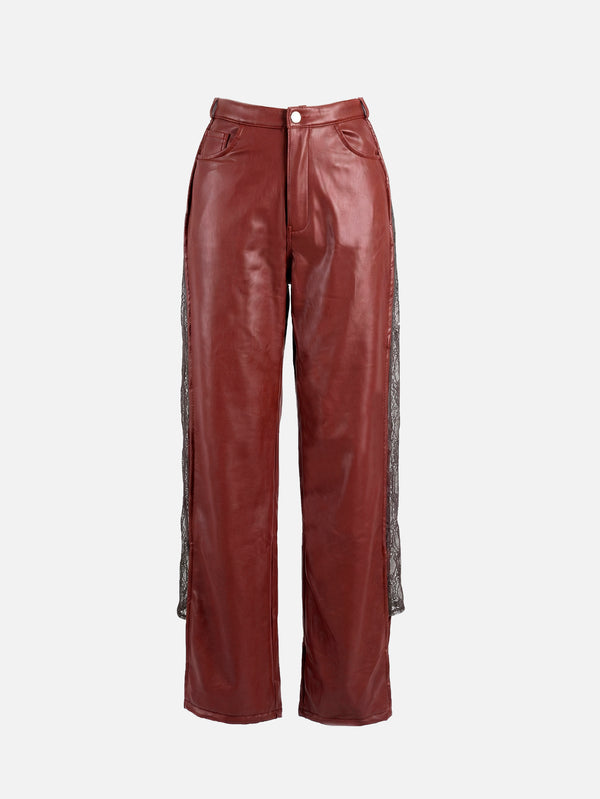 CULT FORM - PANTOLON - Leather Lace Wide Pants - Burgundy - shopi go'da!.
