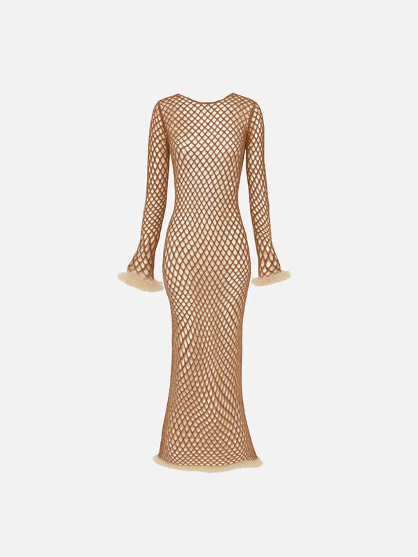 SEVDRUS Handmade Beach Breeze Dress – kahverengi, önden görünüm, uzun kollu file örgü, tüylü manşetler
