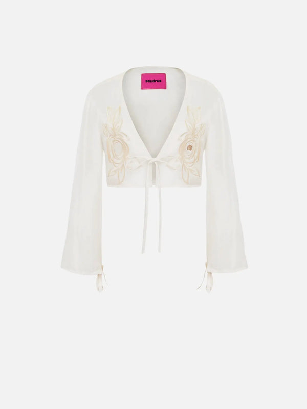 SEVDRUS Cupro Satin Floral Embroidered Pearl Cardigan – Pearl, önden görünüm