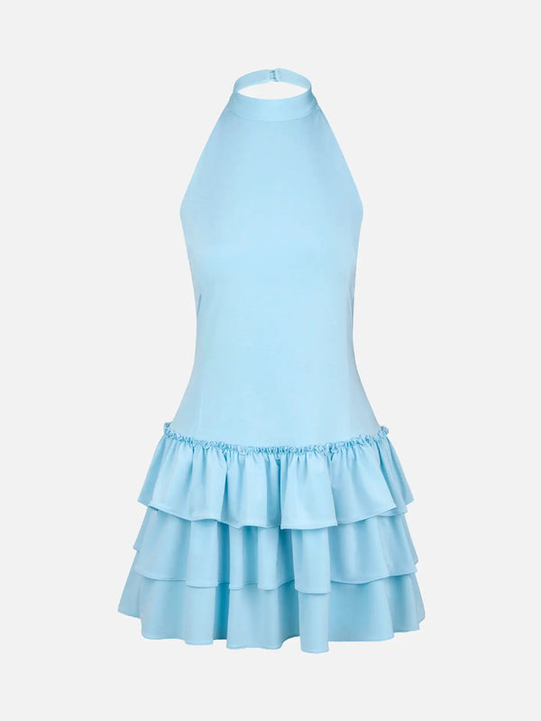 MI MAGIC LOVE Fiore Light Blue Mini Dress – Light Blue, arka görünüm, halter yaka, katmanlı volanlı etek