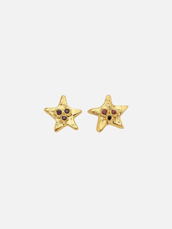 JEWELS FOR JOY Lal Taşlı Altın Kaplama Gümüş Yıldız Küpe - Earrings KÜPE