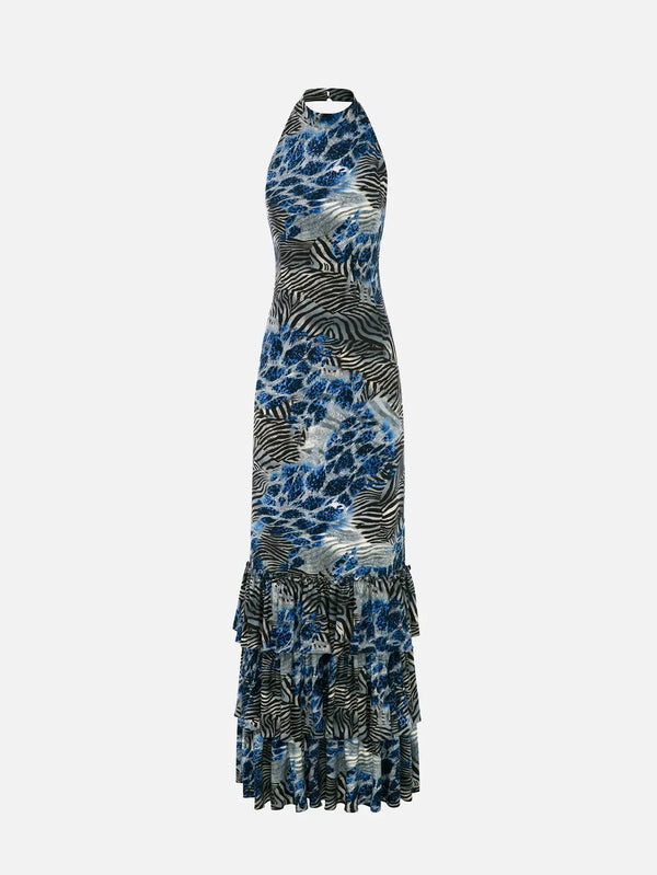 MI MAGIC LOVE Liora Blue Leopard Maxi Dress – Blue Leopard, ön görünüm