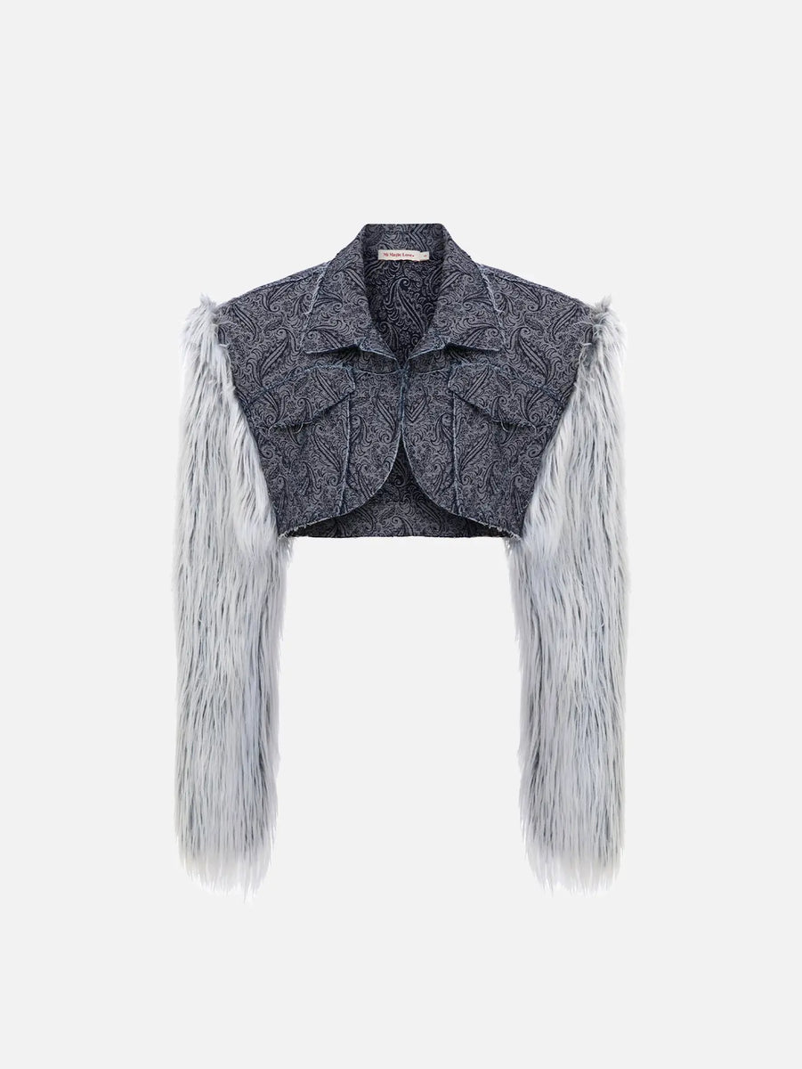Blue Furry Denim Jacket - Dark Blue Patterned