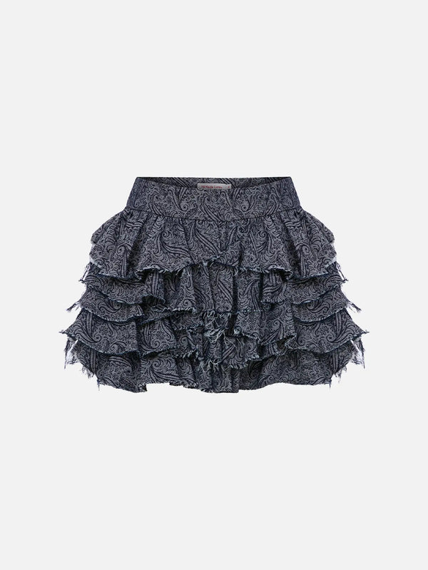 MI MAGIC LOVE Mills Ruffled Mini Denim Skirt - Dark Blue Pattern - Uncategorized ETEK