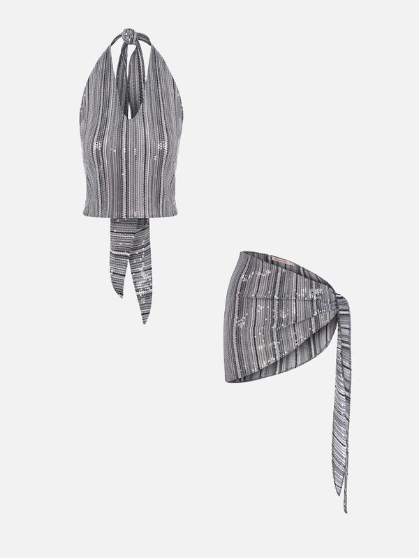 MI MAGIC LOVE Muse Gray Sequinn Set – gri, iki parça, ön görünüm, payetli kumaş
