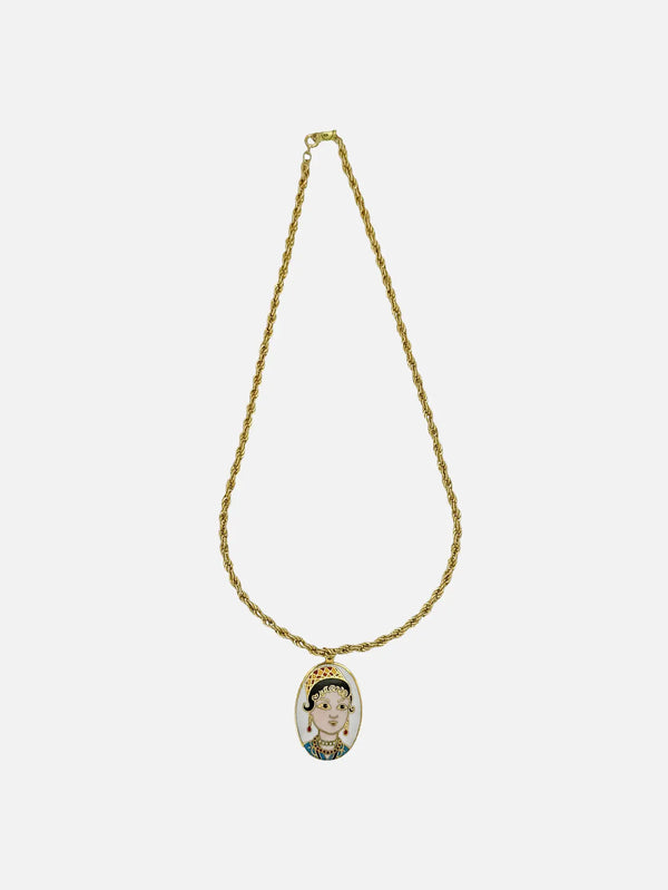 NES VINTAGE Vintage Gold Plated Rope Chain Necklace with Geisha Cloisonne Pendant (White) - Necklaces KOLYE