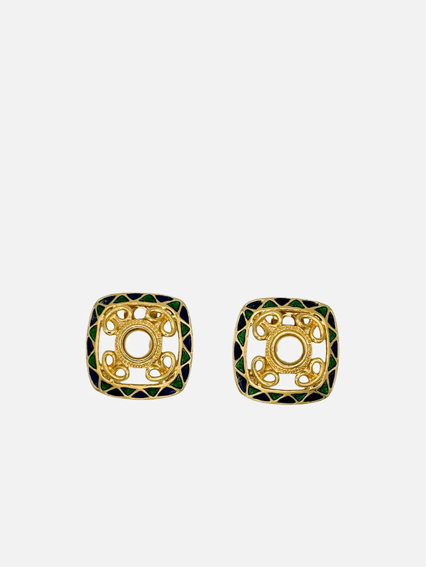 NES VINTAGE Vintage Navy & Emerald Green Enamel Faux Pearl Embellishment Earrings - Earrings KÜPE