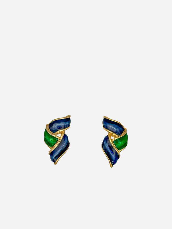NES VINTAGE - KÜPE - Vintage Ribbon Design Navy & Emerald Green Enamel Earrings - shopi go'da!.