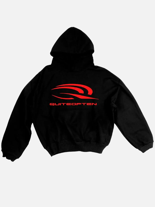 QUITEOFTEN Sports Logo Hoodie - Red on Black - Hoodies SWEATSHIRT
