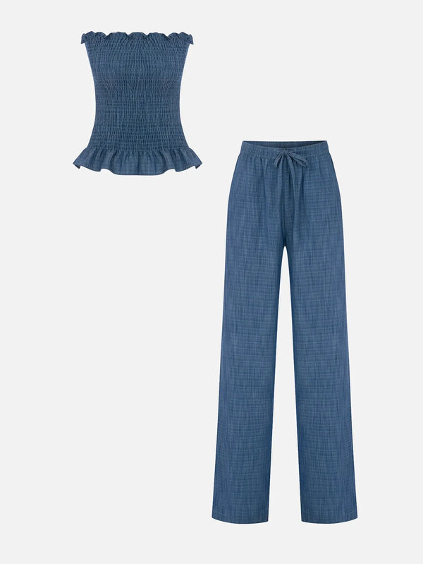 MI MAGIC LOVE Rush Blue Set – Rush Blue, önden görünümde iki parçalı strapless smocked bluz ve bağcıklı pantolon