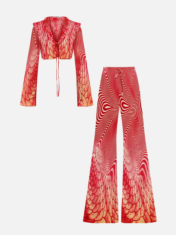 MI MAGIC LOVE Seaside Red Patterned Set – kırmızı, desenli crop üst ve bol paça pantolon, önden görünüm