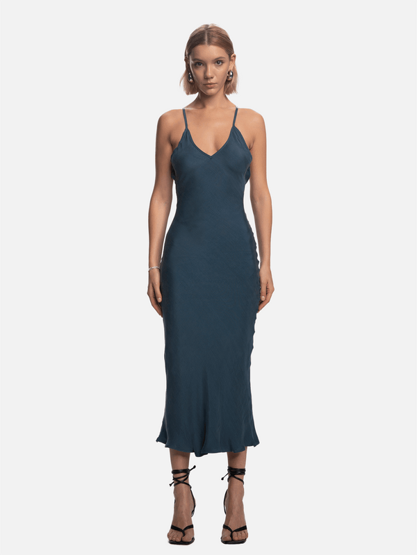 SHOPI GO - ELBİSE - Yuriko Arkası Drapeli Elbise - Indigo - shopi go'da!.