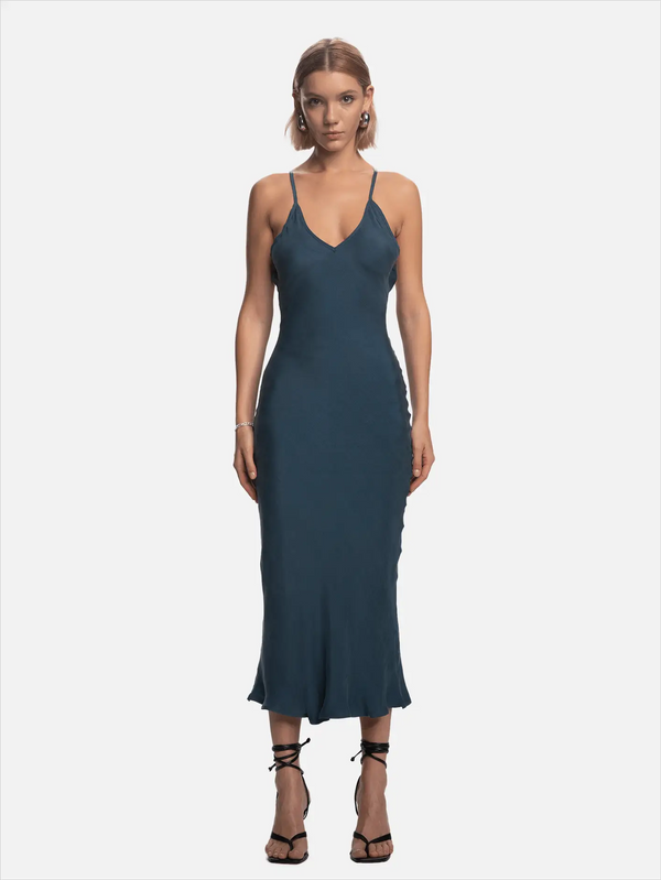SHOPI GO Yuriko Arkası Drapeli Elbise - Indigo - Dresses ELBİSE