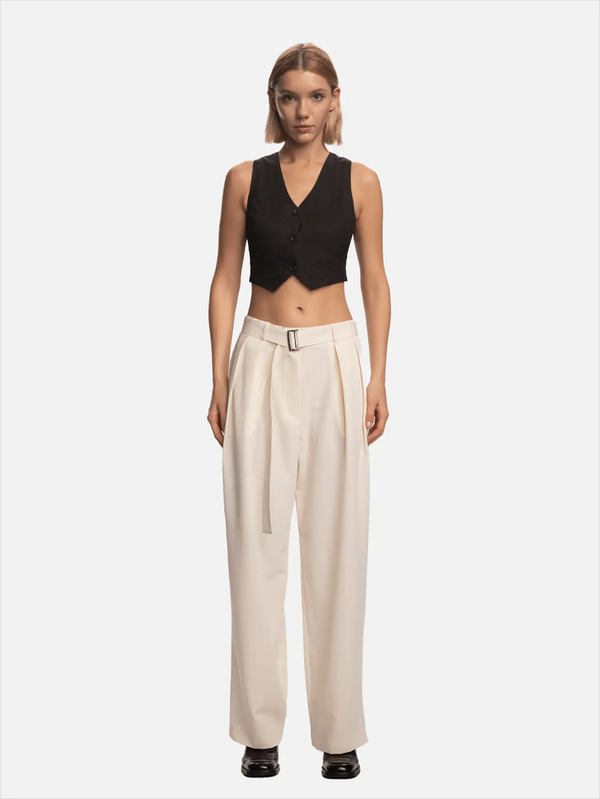 SHOPI GO Kumi Beli Kemerli Oversize Pilili Pantolon - Kırık Beyaz - Pants PANTOLON