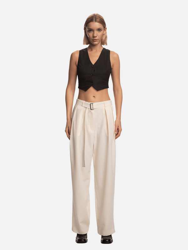 SHOPI GO - PANTOLON - Kumi Beli Kemerli Oversize Pilili Pantolon - Kırık Beyaz - shopi go'da!.