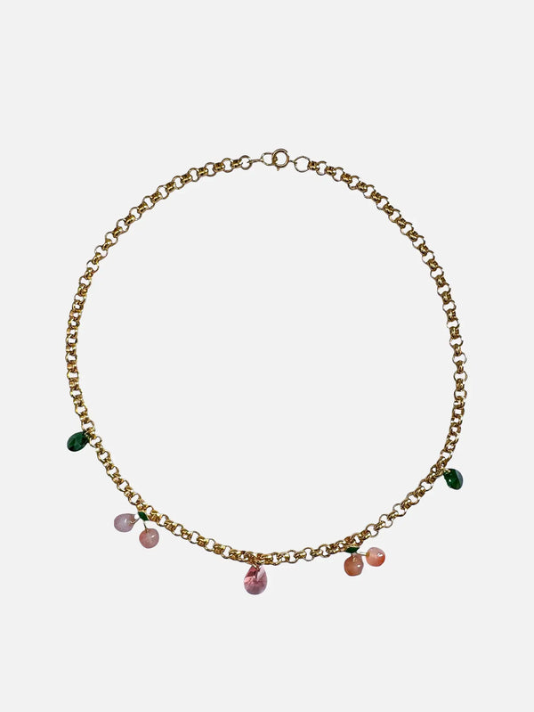 NES VINTAGE Vintage Gold Chain Necklace – Cherry Charms & Crystals 1980s – altın, ön görünüm