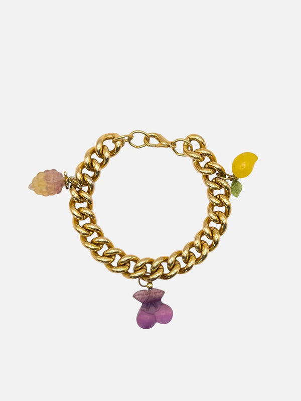 NES VINTAGE Vintage Gold Chain Bracelet with Natural Quartz Fruit Charms — 1980s – altın, yakın çekim