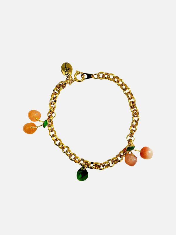 NES VINTAGE Vintage Gold Chain Bracelet – Cherry Charms & Crystals 1980s – altın, yakından görünüm