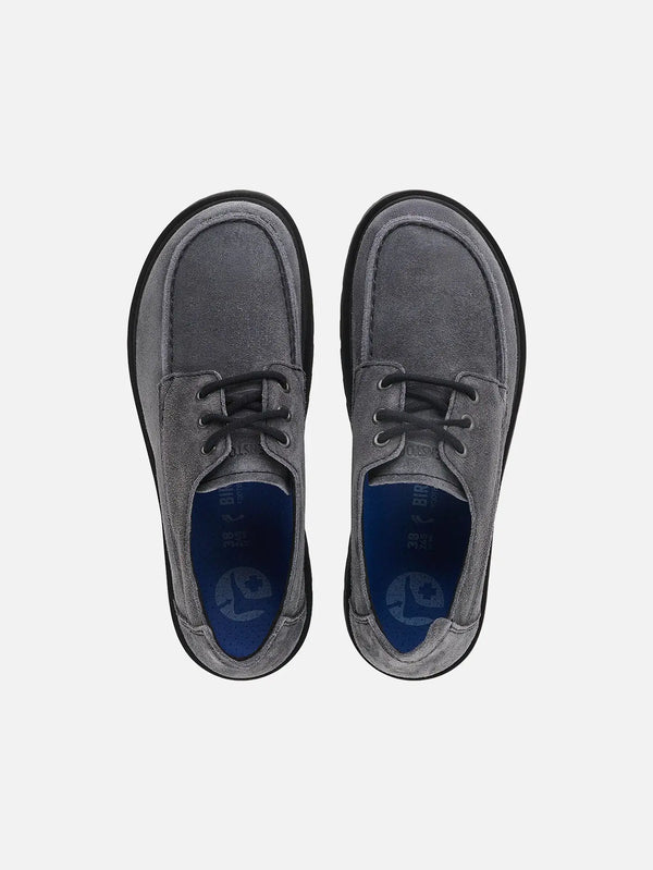 BIRKENSTOCK Highwood Moc Lace Low VL Charcoal – üstten görünüm, çift ayakkabı, gri süet kaplama