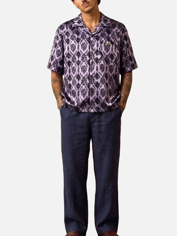 SEVDRUS Nightshade Cotton-Satin Shirt – mor, önden görünüm, kısa kollu