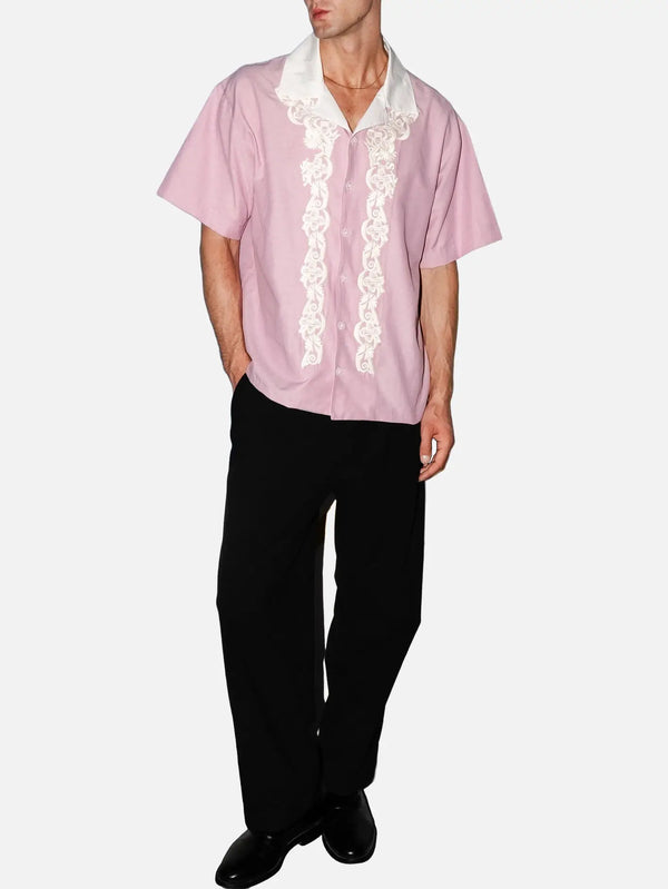 SEVDRUS Ethnic Embroidered Shirt - Pink – pembe, önden görünüm, kısa kollu, beyaz nakışlı yaka