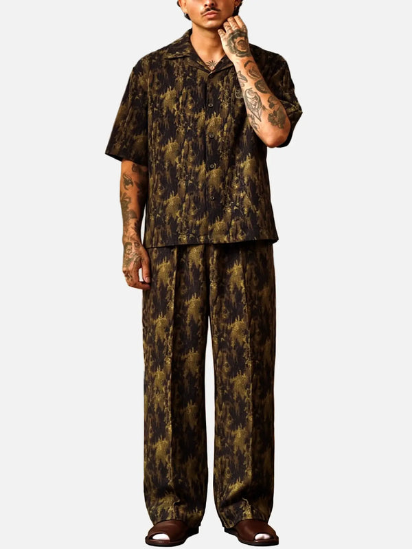 SEVDRUS Nerve Satin Oversize Shirt/Pants Set – siyah-altın desenli, önden görünüm