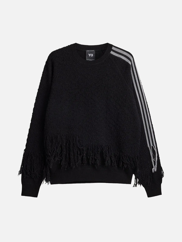 Y-3 Knitted 3S Sweat – siyah, önden görünüm, dokulu örgü ve püsküllü kenar