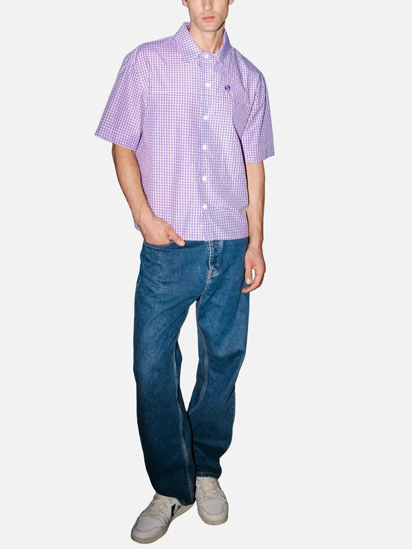 SEVDRUS Embroidered Cotton Shirt – Lilac, ön görünüm, kısa kollu, kareli desen