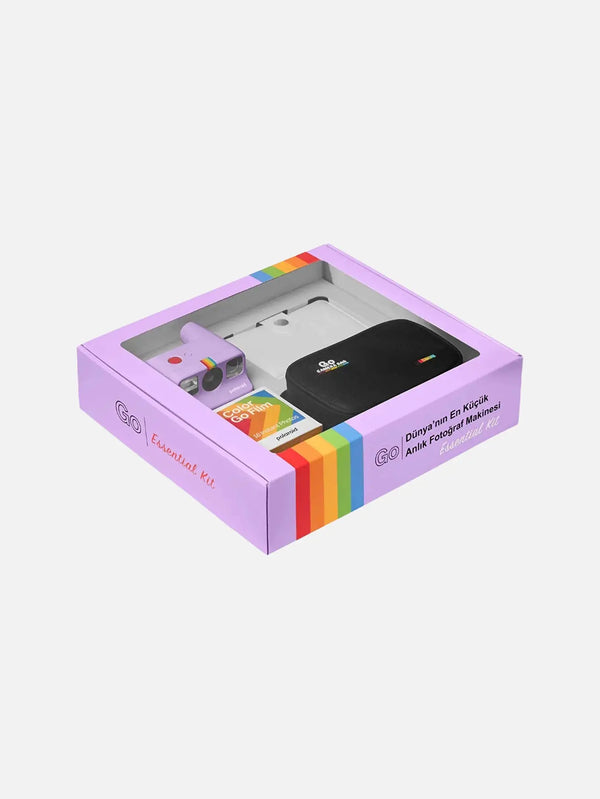 POLAROID Polaroid Go Gen2 Essential Kit - Purple – mor, kutunun açık penceresinden kamera ve siyah kılıf