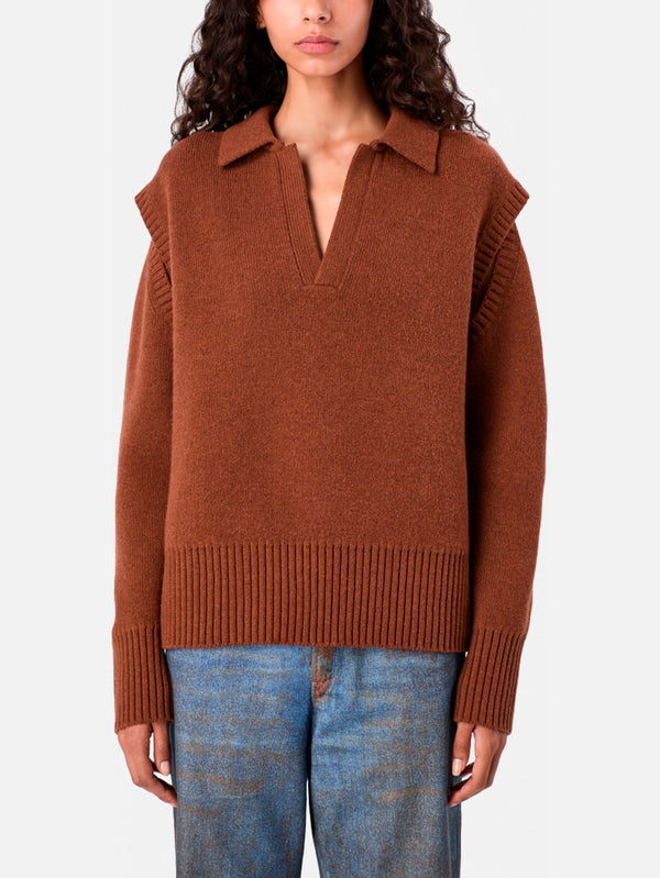 Knit Cut-Out Polo Neck - Medium Brown