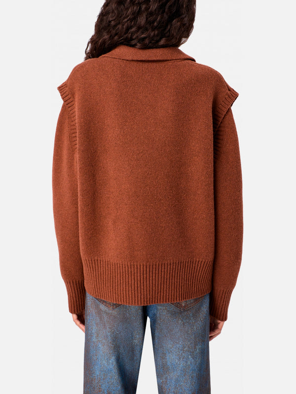 Knit Cut-Out Polo Neck - Medium Brown